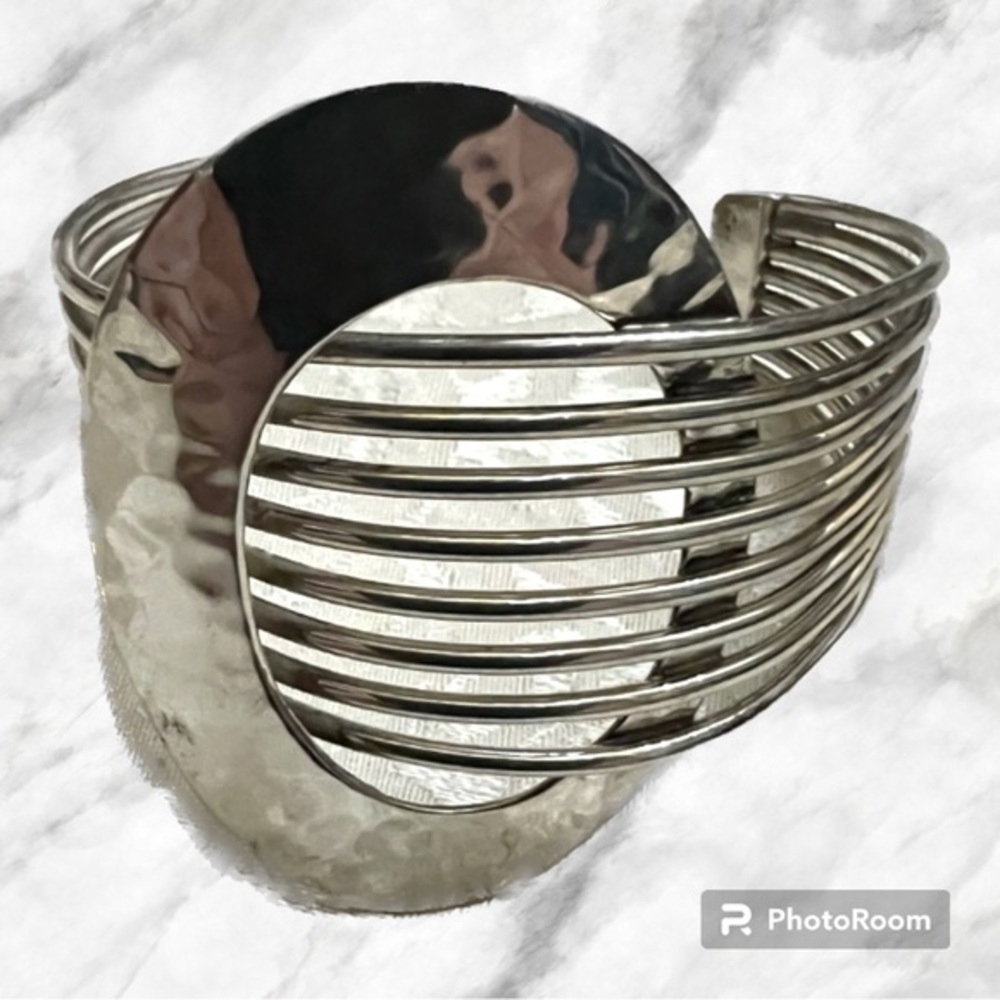Hammered Circle Modernist Wide Cuff
Bracelet Sterling Silver .925